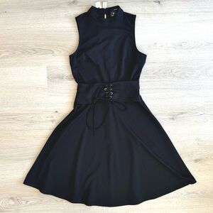 NWT Bloomingdale’s Aqua Mini Dress Black Sleeveless Corset Waist Size Small S